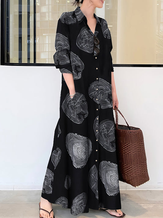 Women’s Dresses Cotton Printed Long Sleeve Loose Casual Maxi Dress - LuckyFash™