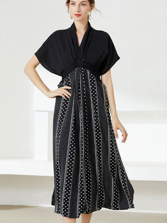 Dresses Reducing Age Lace Up Patchwork Midi Dress - LuckyFash™