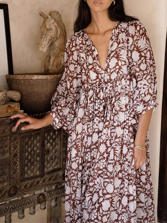 Dresses Fashion Plus Size Loose Casual Floral Mid Sleeve Midi Dress - LuckyFash™