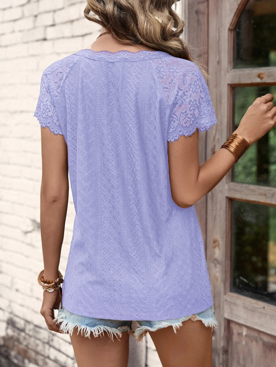 T-Shirts V-Neck Stitching Lace Loose Short-Sleeved T-Shirt - LuckyFash™