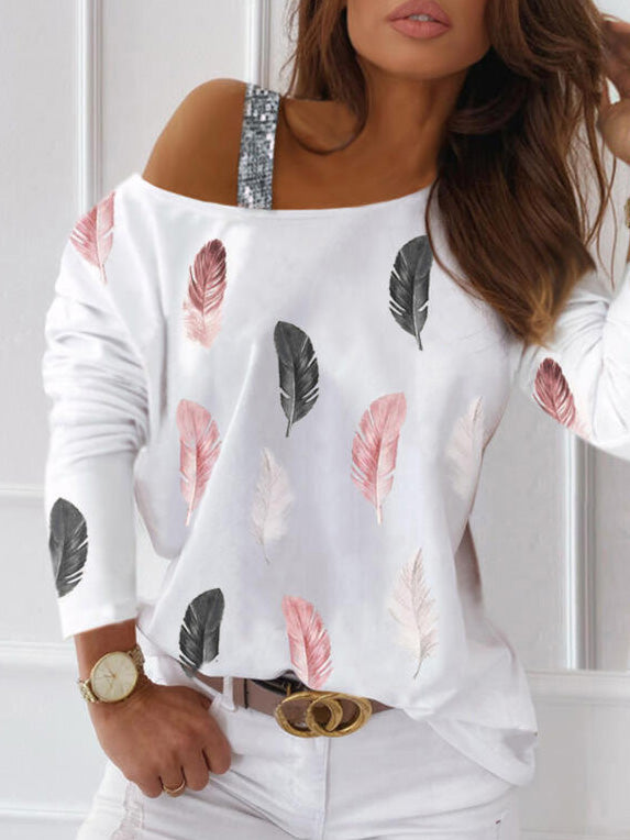 T-Shirts Feather Print Long Sleeve Off-Shoulder T-Shirt - LuckyFash™