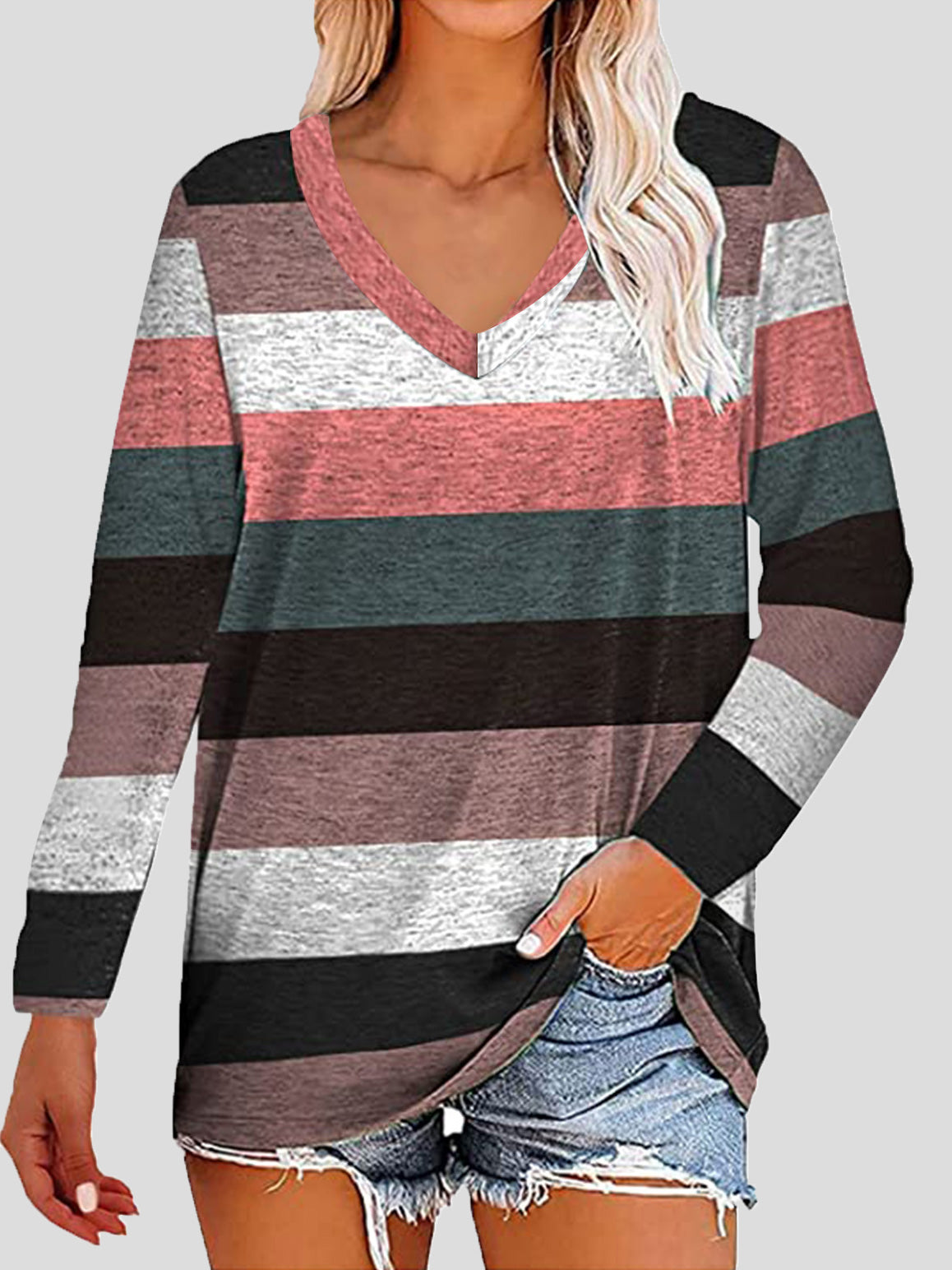 Women's T-Shirts Striped Printed V-Neck Long Sleeve T-Shirts - LuckyFash™