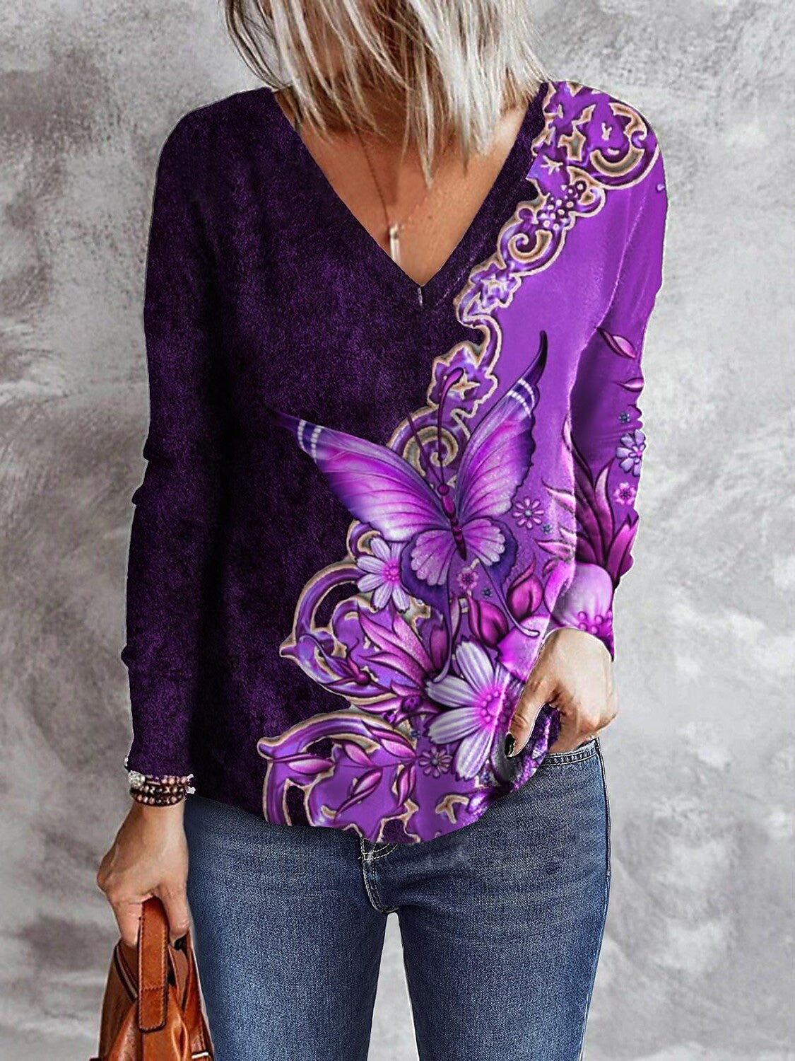 T-Shirts Butterfly Print V-Neck Long Sleeve T-Shirt - LuckyFash™