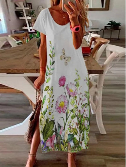 Casual Short Sleeve Flower Slit Dress - LuckyFash™
