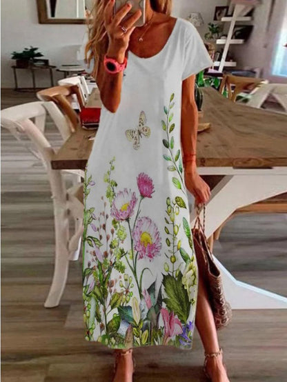 Casual Short Sleeve Flower Slit Dress - LuckyFash™