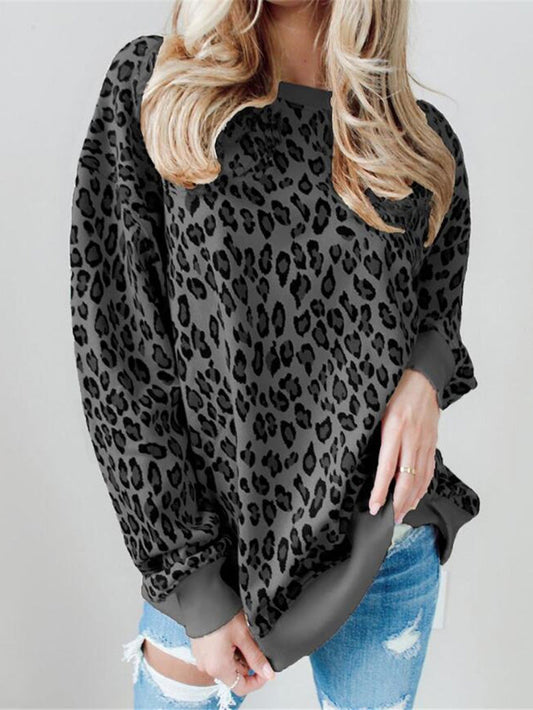 T-Shirts Loose Leopard Print Round Neck Long Sleeve T-Shirt - LuckyFash™