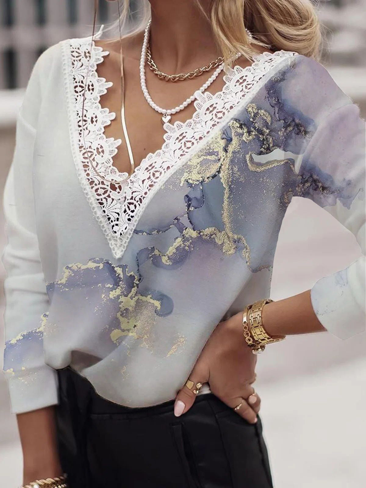 Women's T-Shirts Multicolor Printed Lace V-Neck Long Sleeve T-Shirts - LuckyFash™