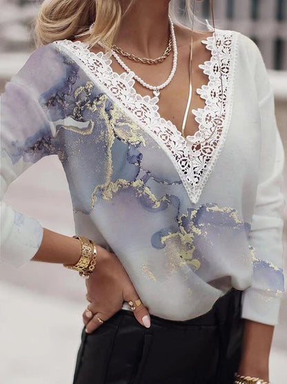 Women's T-Shirts Multicolor Printed Lace V-Neck Long Sleeve T-Shirts - LuckyFash™