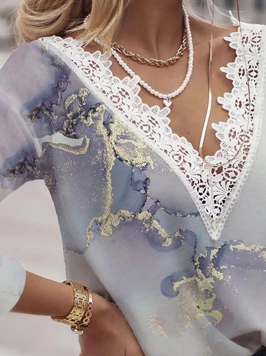 Women's T-Shirts Multicolor Printed Lace V-Neck Long Sleeve T-Shirts - LuckyFash™