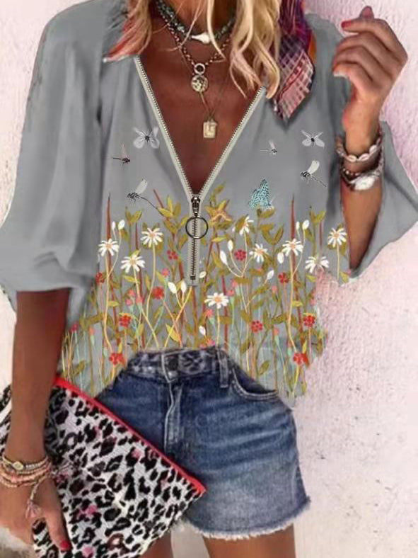 Printed Flowers Zipper Casual Ladies Blouse - LuckyFash™