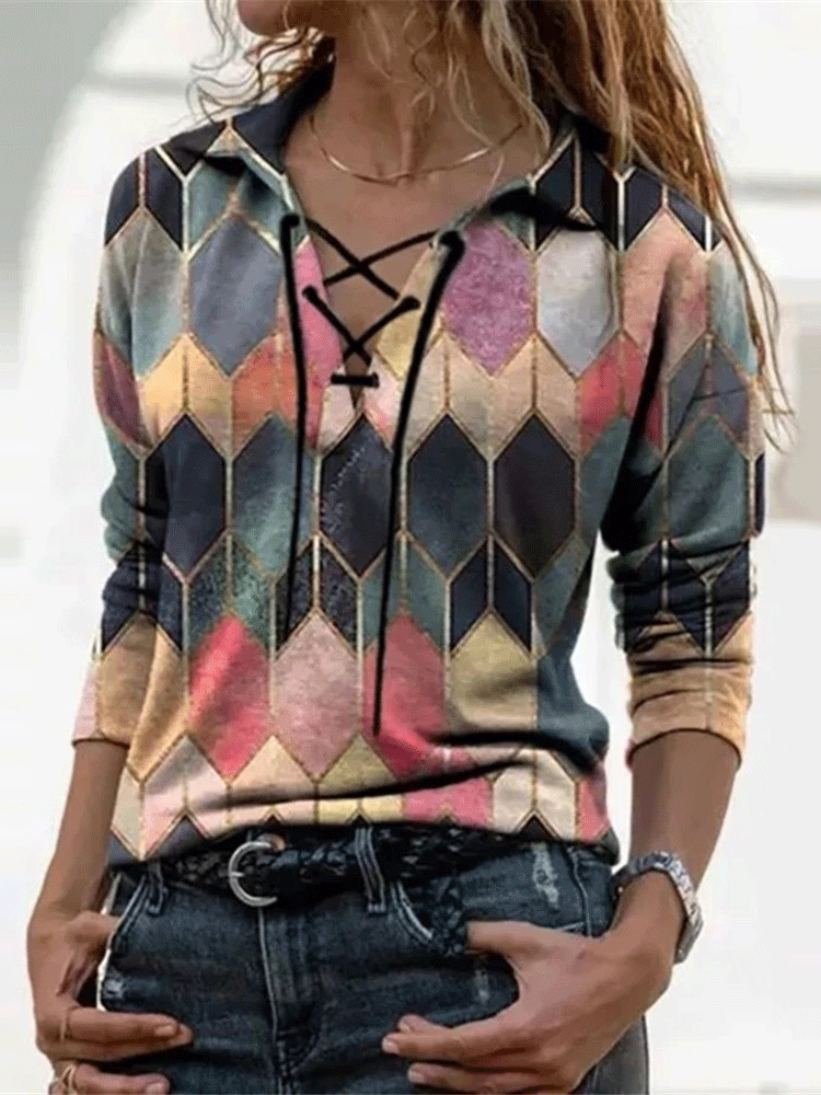 Women's T-Shirts Geometric Print V-Neck Drawstring Long Sleeve T-Shirt - LuckyFash™