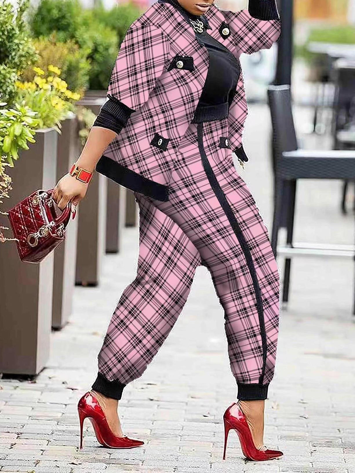 Women's Sets Check Print Button Jacket & Pants Two-Piece Set - LuckyFash™