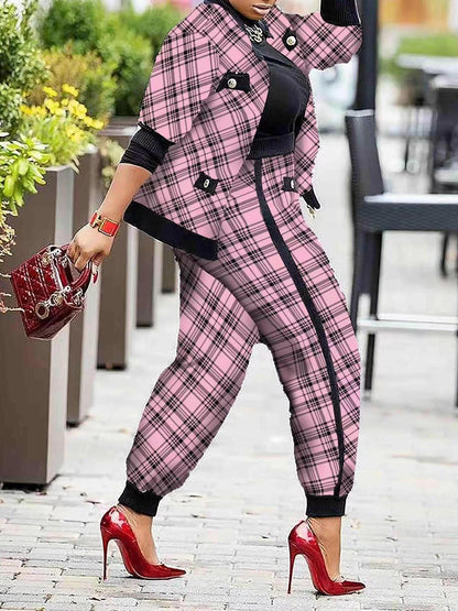 Women's Sets Check Print Button Jacket & Pants Two-Piece Set - LuckyFash™