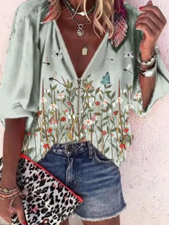 Printed Flowers Zipper Casual Ladies Blouse - LuckyFash™