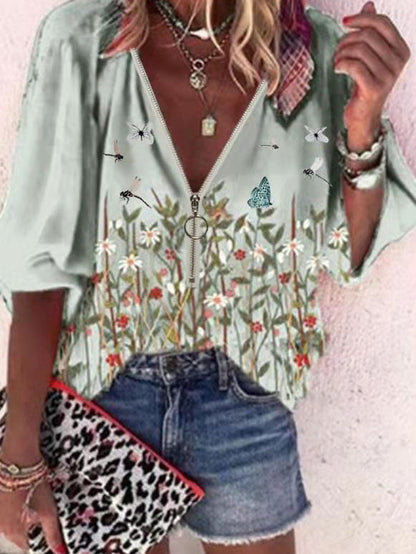 Printed Flowers Zipper Casual Ladies Blouse - LuckyFash™