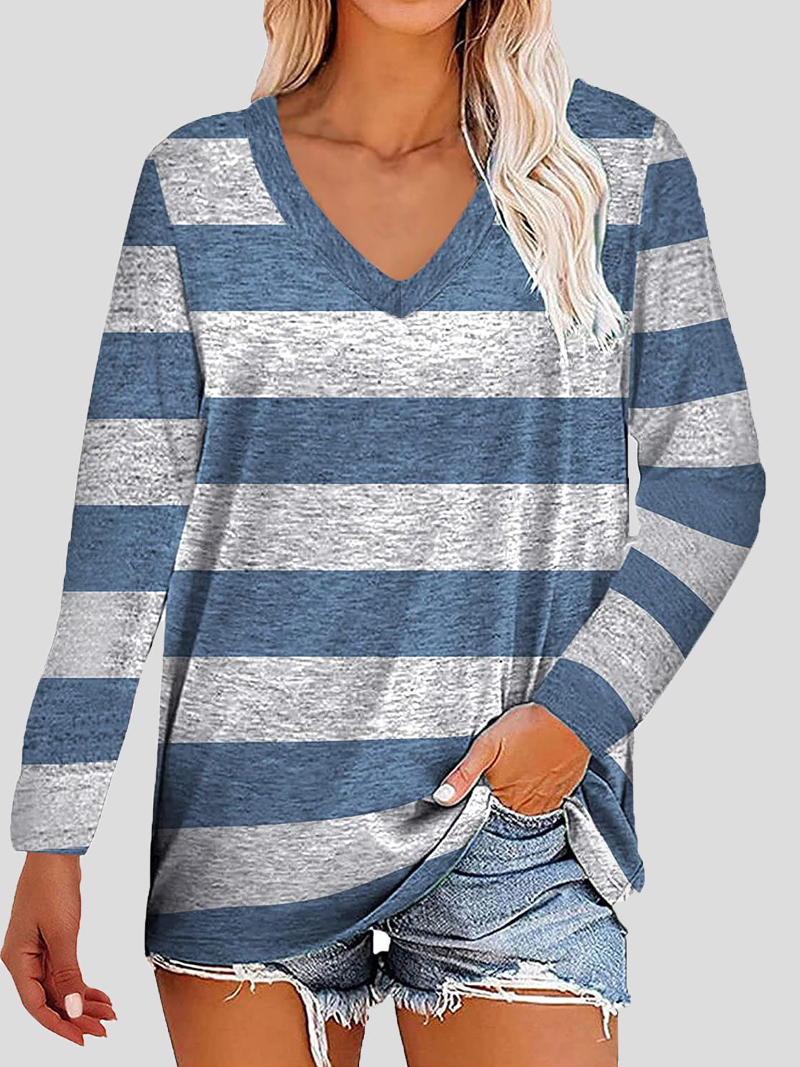 Women's T-Shirts Striped Printed V-Neck Long Sleeve T-Shirts - LuckyFash™