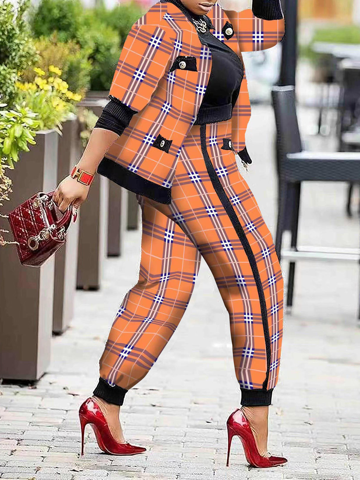 Women's Sets Check Print Button Jacket & Pants Two-Piece Set - LuckyFash™