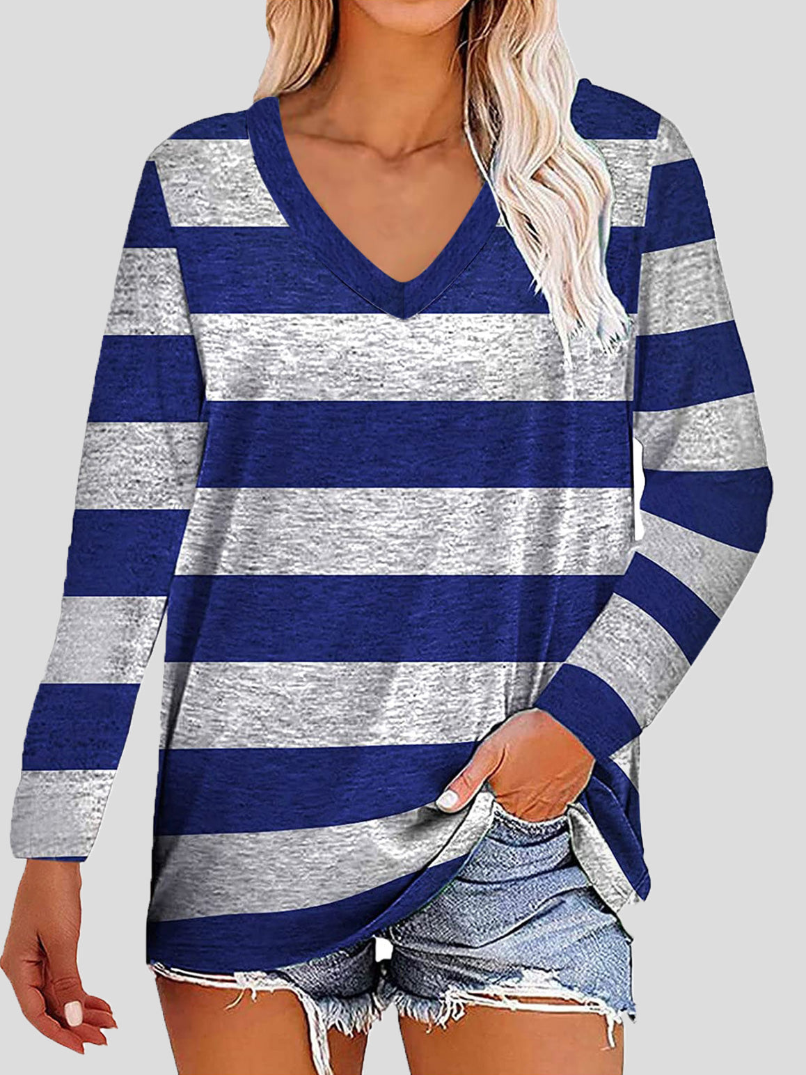 Women's T-Shirts Striped Printed V-Neck Long Sleeve T-Shirts - LuckyFash™