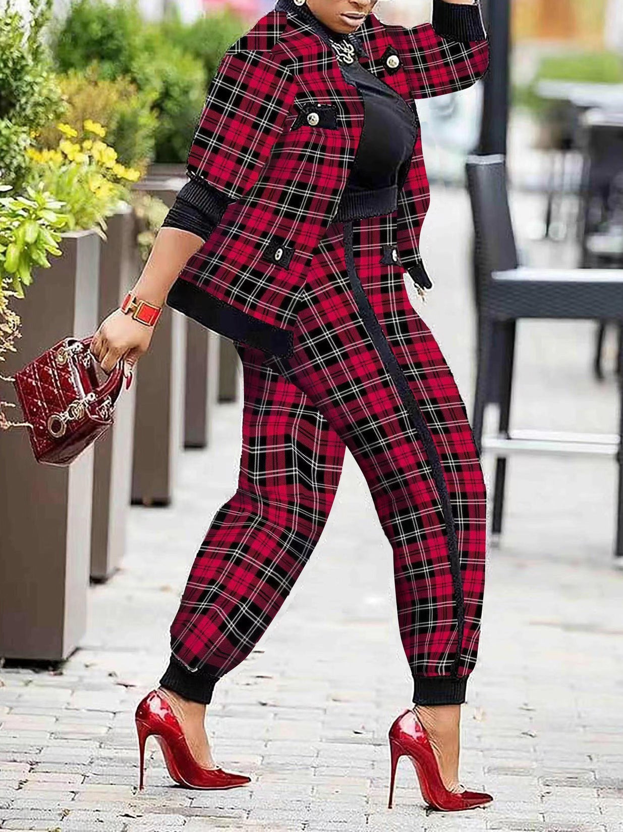 Women's Sets Check Print Button Jacket & Pants Two-Piece Set - LuckyFash™