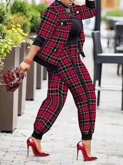 Women's Sets Check Print Button Jacket & Pants Two-Piece Set - LuckyFash™