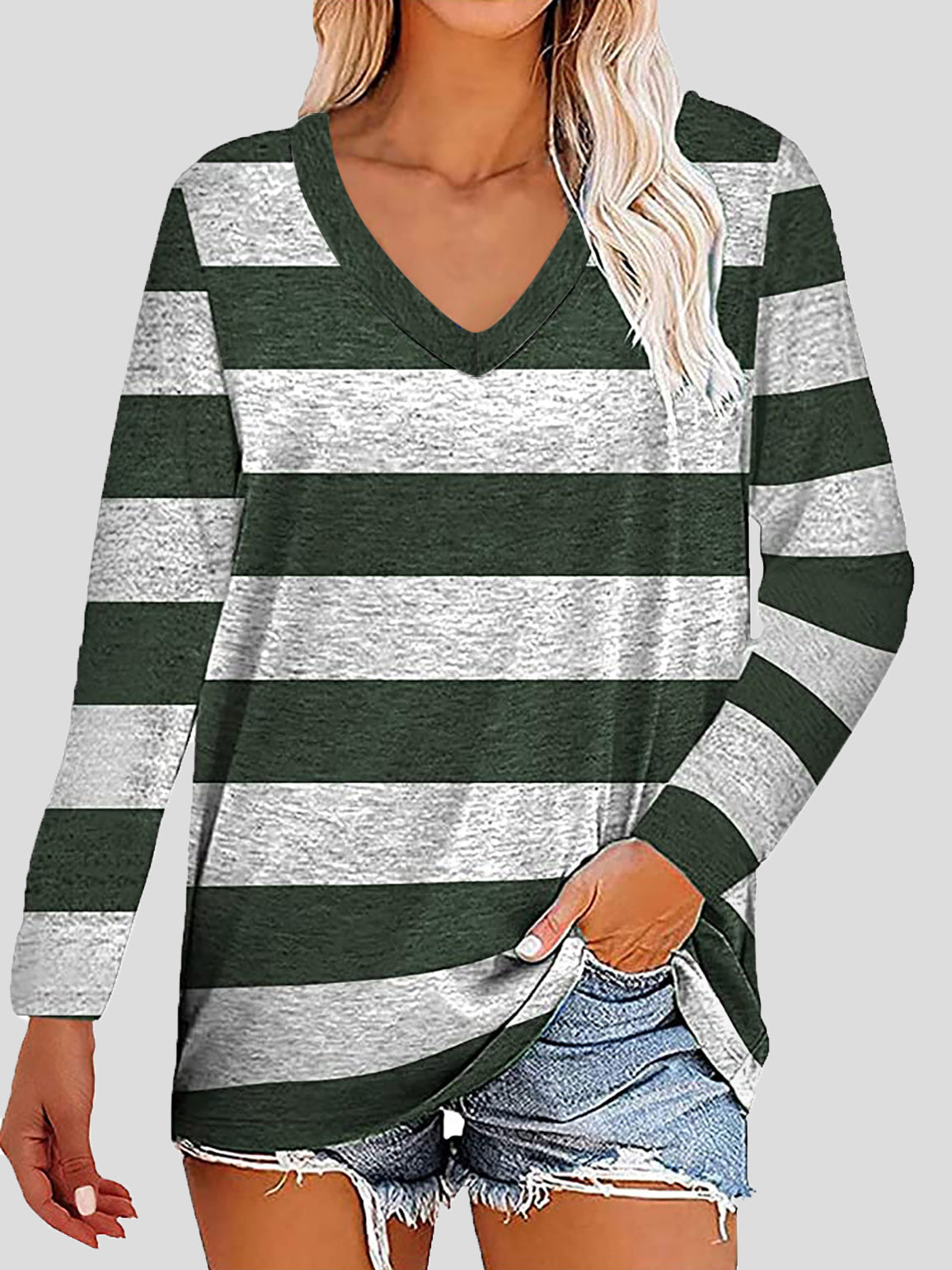 Women's T-Shirts Striped Printed V-Neck Long Sleeve T-Shirts - LuckyFash™