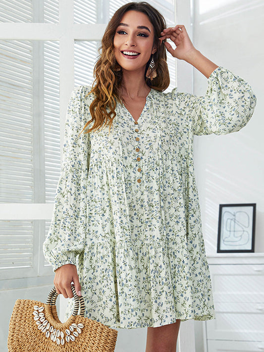 Dresses V-Neck Floral Printed Long Sleeve Button Casual Loose Mini Dress - LuckyFash™