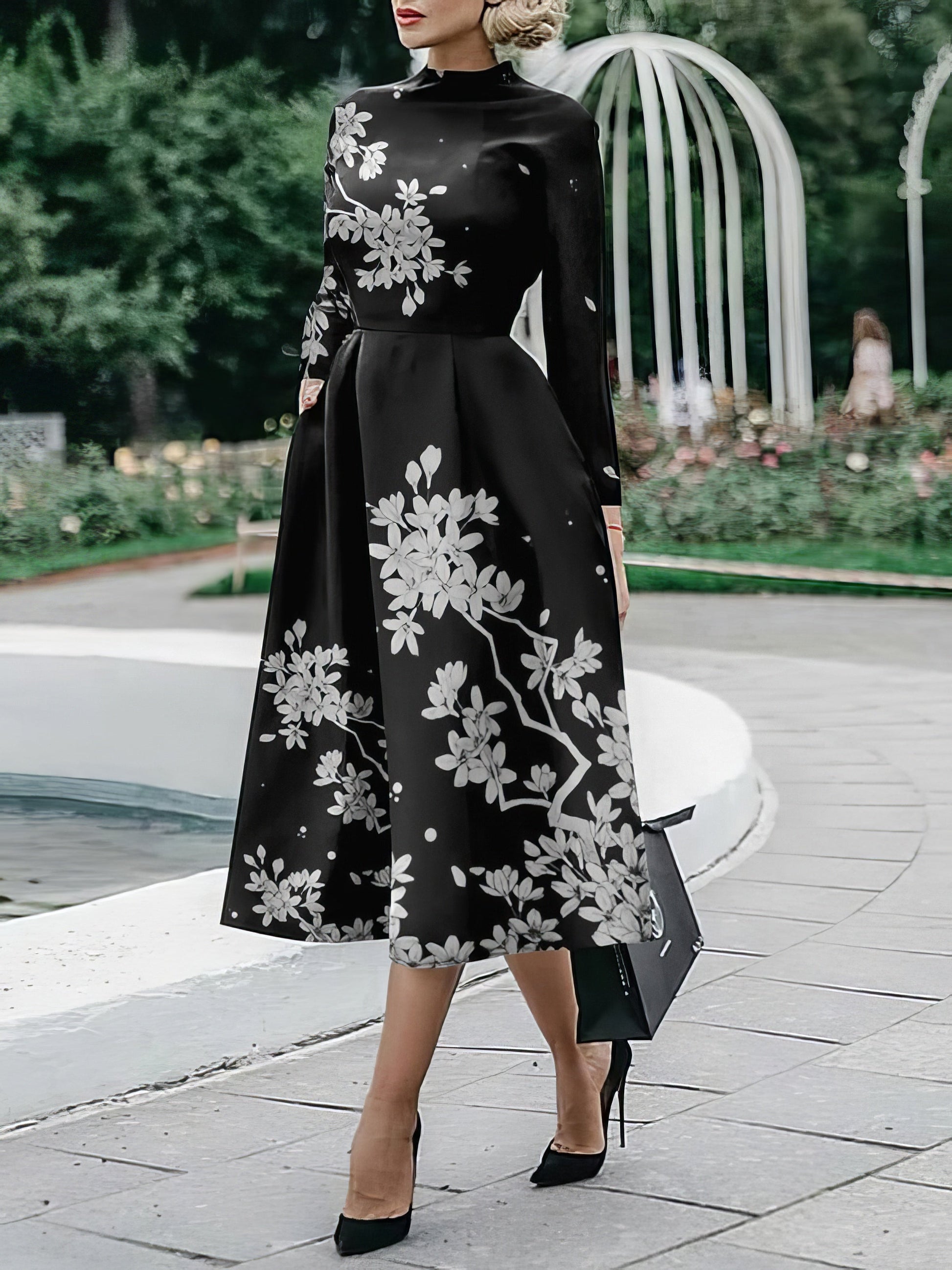 Dresses Long Sleeve Fitted Printed Midi Dress - LuckyFash™