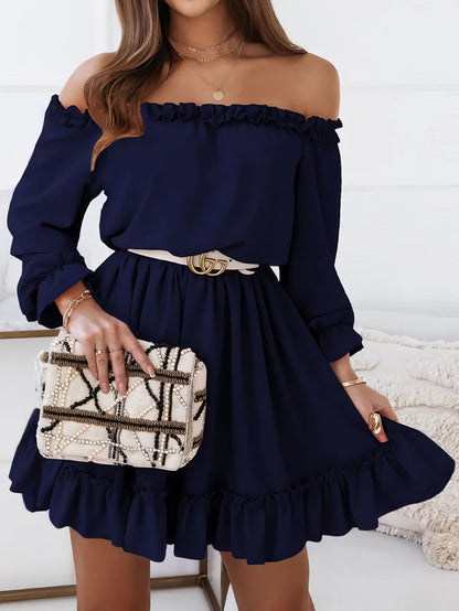 Dresses One-Shoulder Elastic Waist Long Sleeve Dress - LuckyFash™