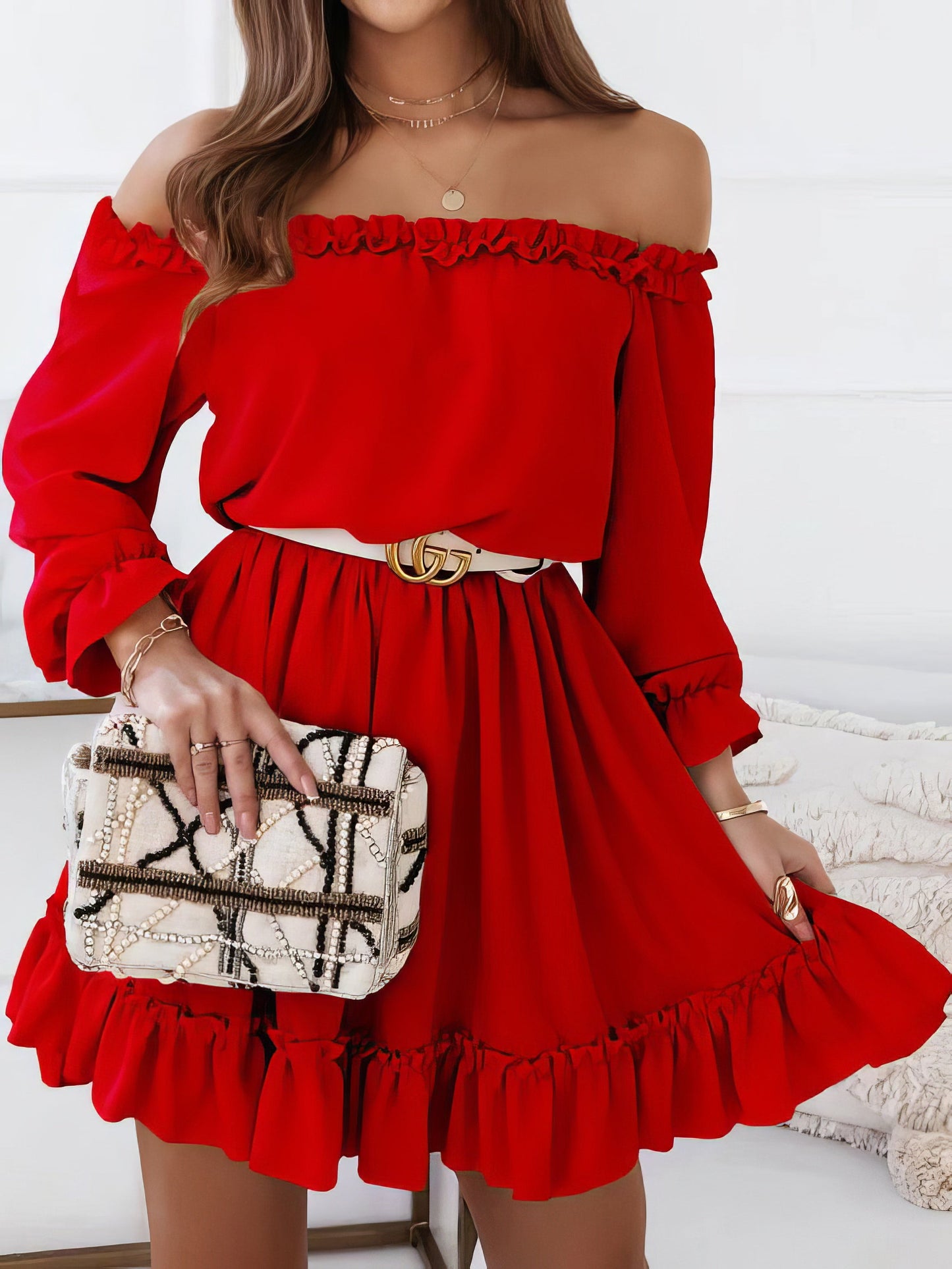 Dresses One-Shoulder Elastic Waist Long Sleeve Dress - LuckyFash™