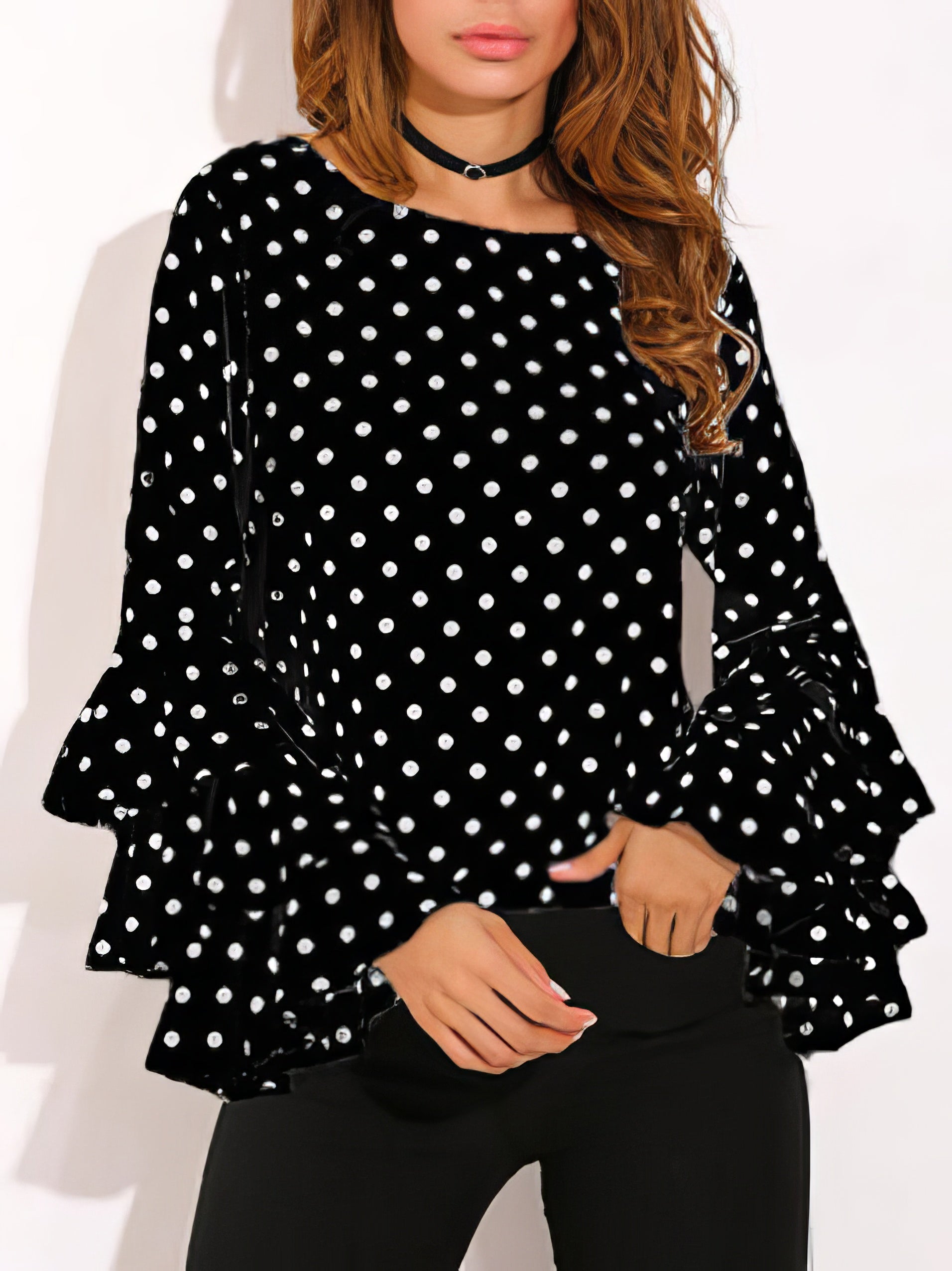 Blouses Dot Print Flared Sleeve Chiffon Blouse - LuckyFash™