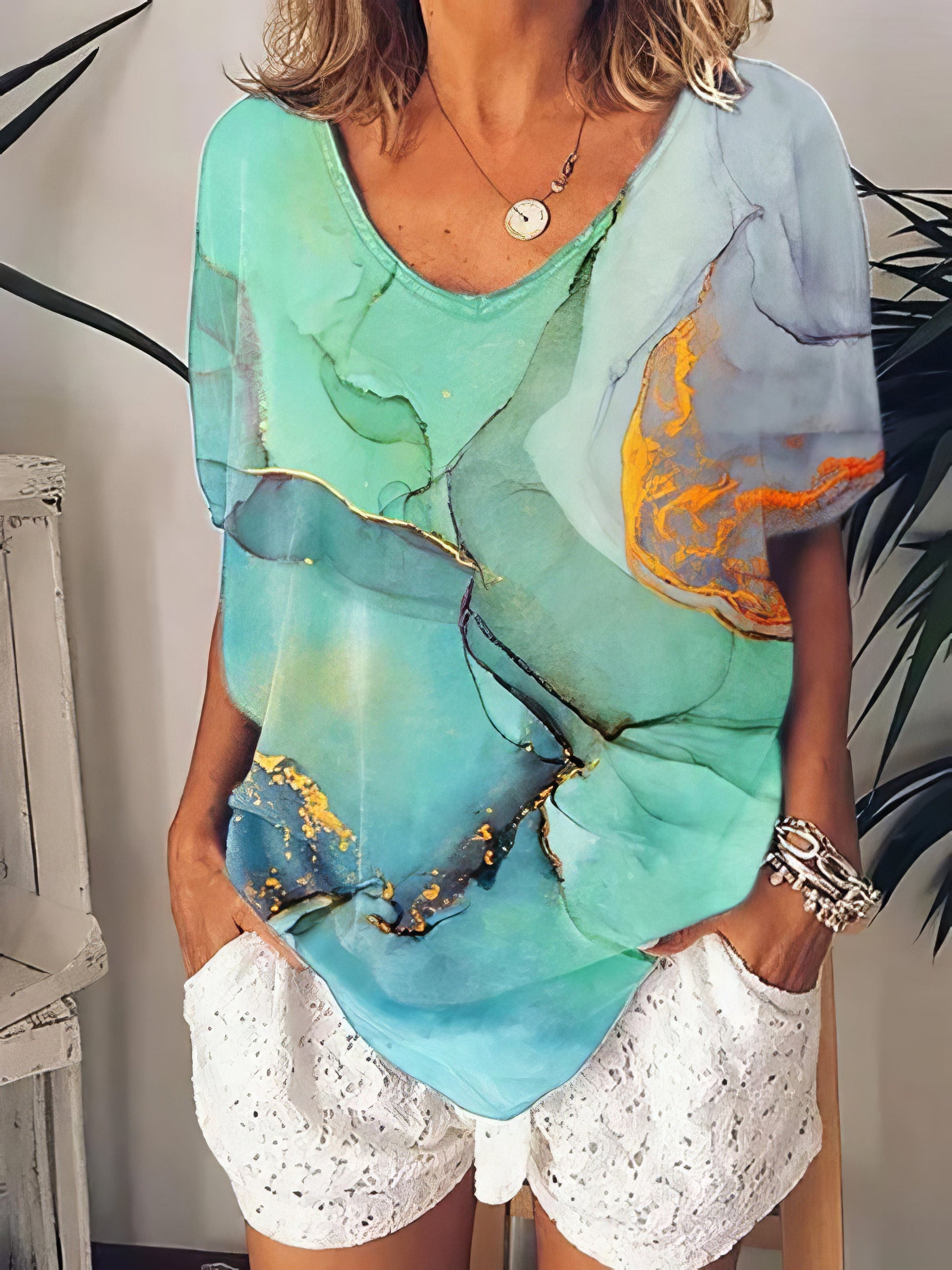 Women Color Printed Scoop Neck Short Sleeve T-shirt - LuckyFash™