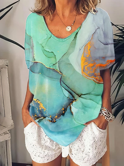 Women Color Printed Scoop Neck Short Sleeve T-shirt - LuckyFash™