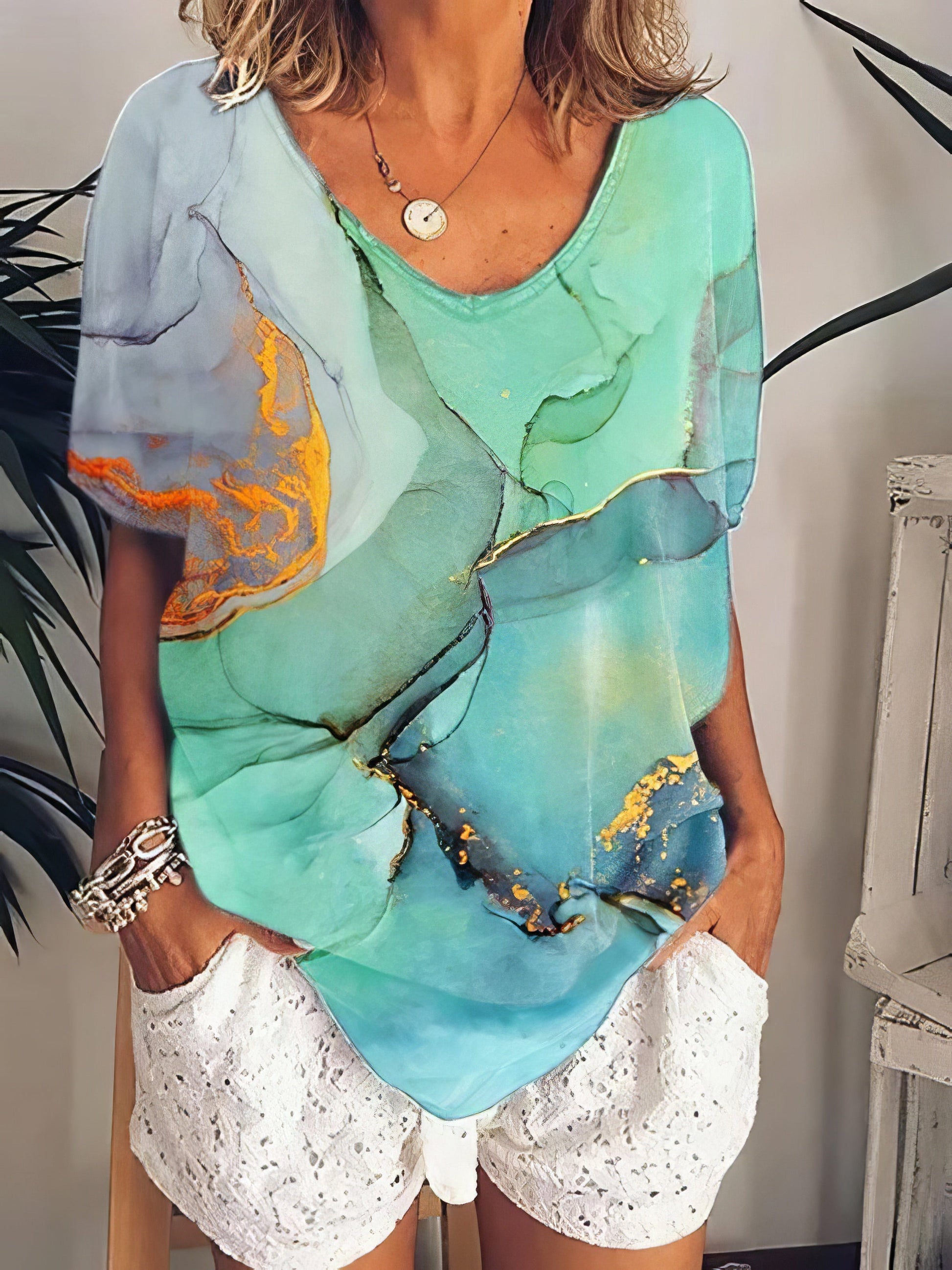 Women Color Printed Scoop Neck Short Sleeve T-shirt - LuckyFash™