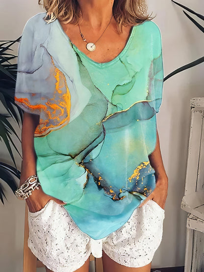 Women Color Printed Scoop Neck Short Sleeve T-shirt - LuckyFash™