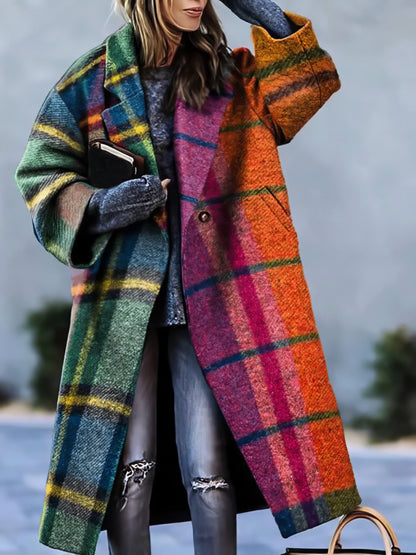 Coats Colorblock Plaid Print Long Sleeve Lapel Woolen Coat - LuckyFash™