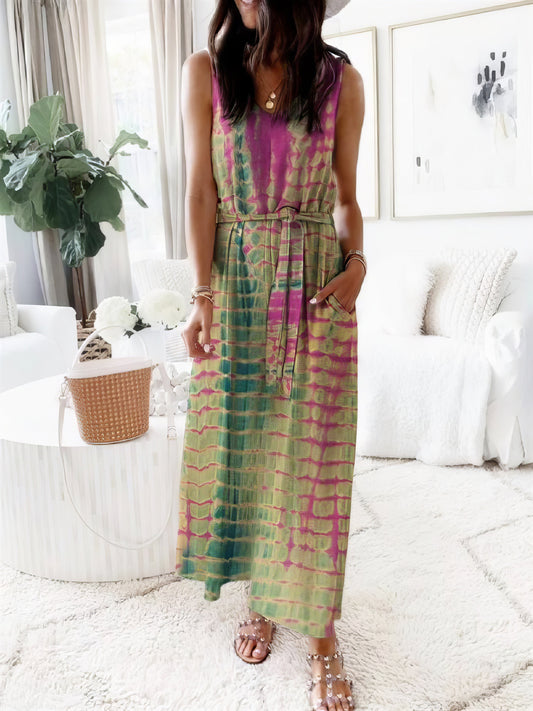 Dresses Loose Print Belted Pocket Sleeveless Dress - LuckyFash™