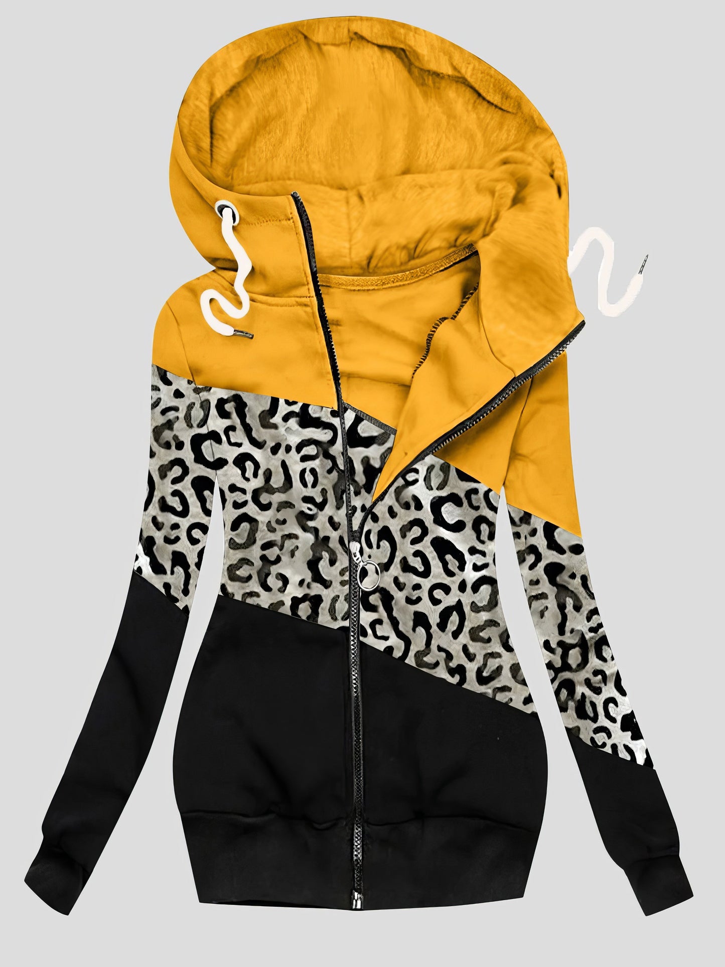 Coats Three-Color Leopard Print Zip Drawstring Hooded Coat - LuckyFash™