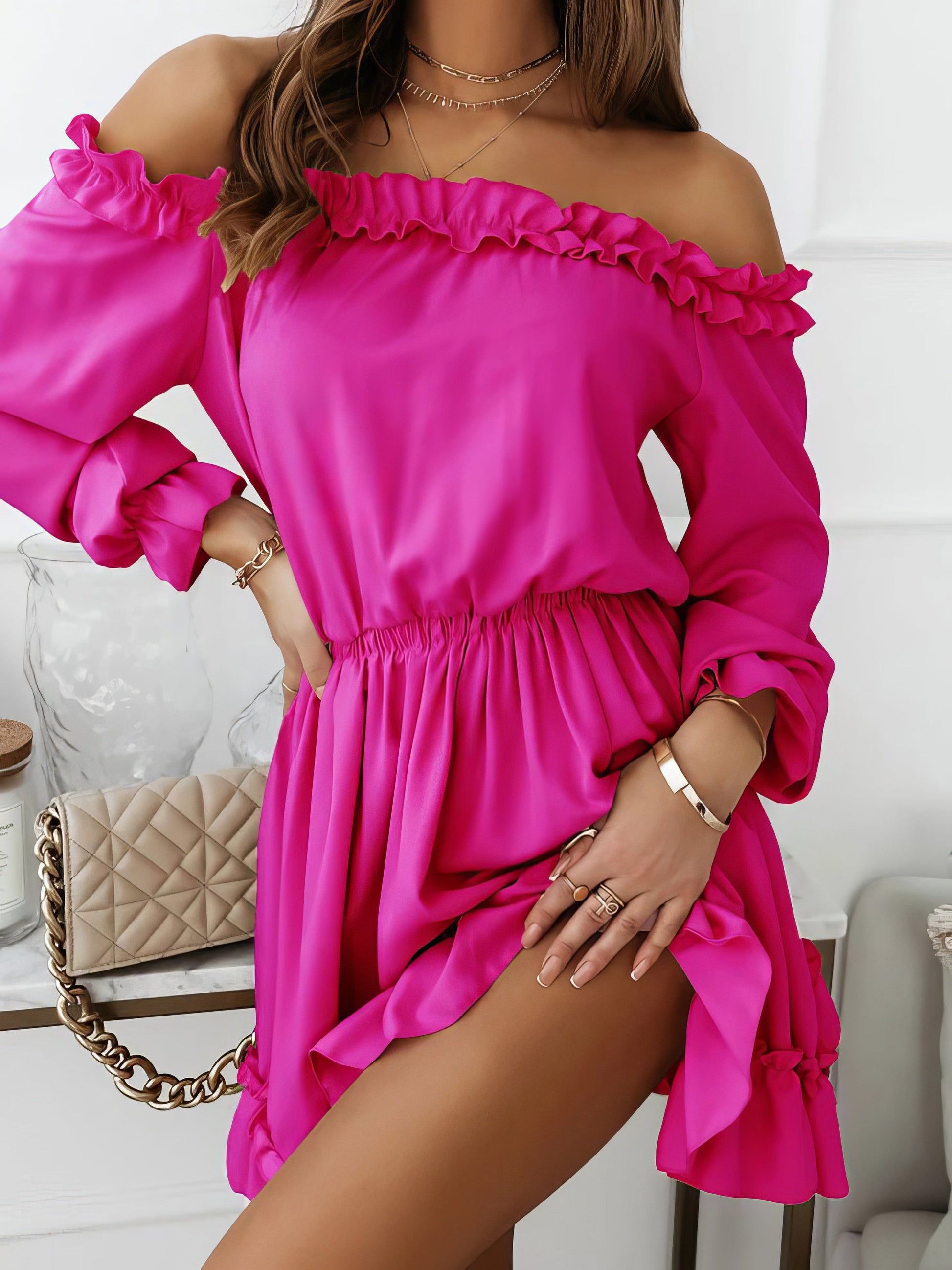 Dresses One-Shoulder Elastic Waist Long Sleeve Dress - LuckyFash™