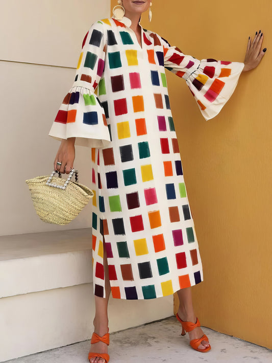 Dresses Multicolor Plaid Flared Long Sleeve Dress - LuckyFash™