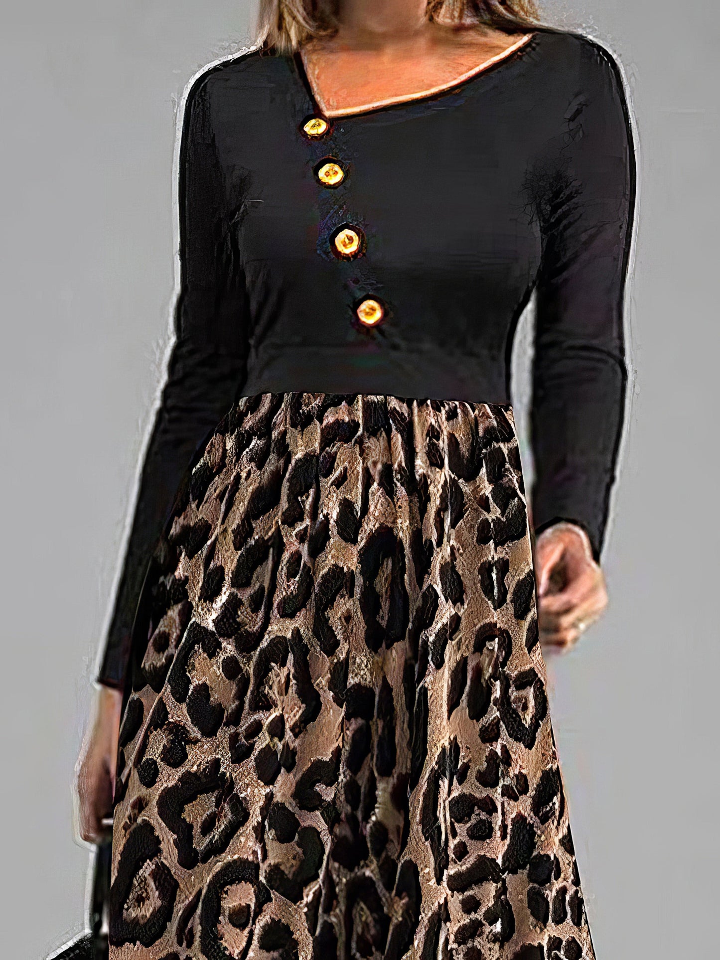 Dresses Leopard Print Panel Button Long Sleeve Dress - LuckyFash™