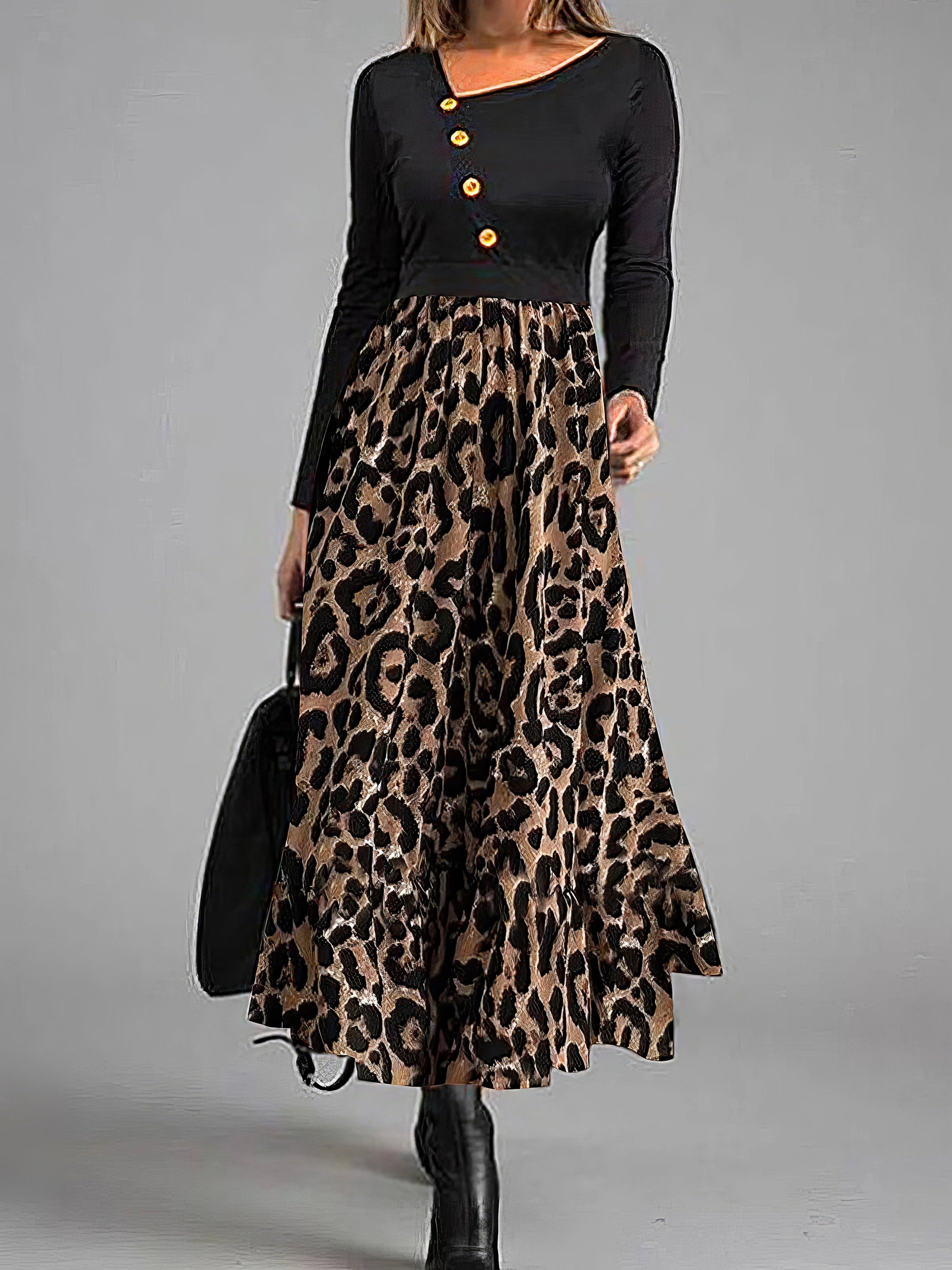 Dresses Leopard Print Panel Button Long Sleeve Dress - LuckyFash™