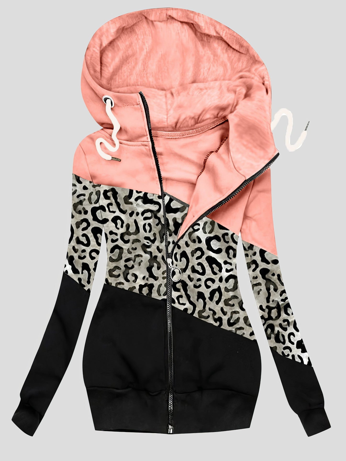 Coats Three-Color Leopard Print Zip Drawstring Hooded Coat - LuckyFash™