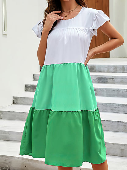 Dresses Contrast Color Splicing Round Neck Mini Dress - LuckyFash™
