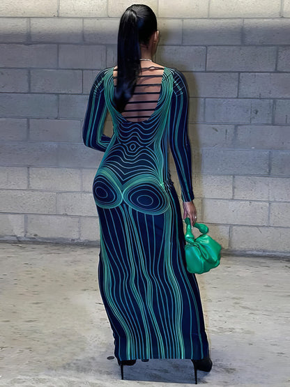 Dresses Printed Backless Slim Round Neck Long Sleeve Maxi Dress - LuckyFash™