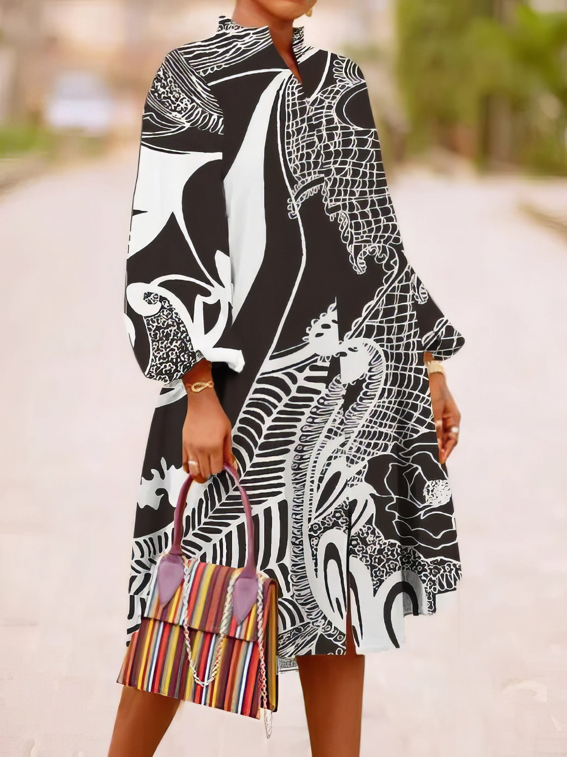 Dresses Loose Multicolor Printed Long Sleeve Dress - LuckyFash™