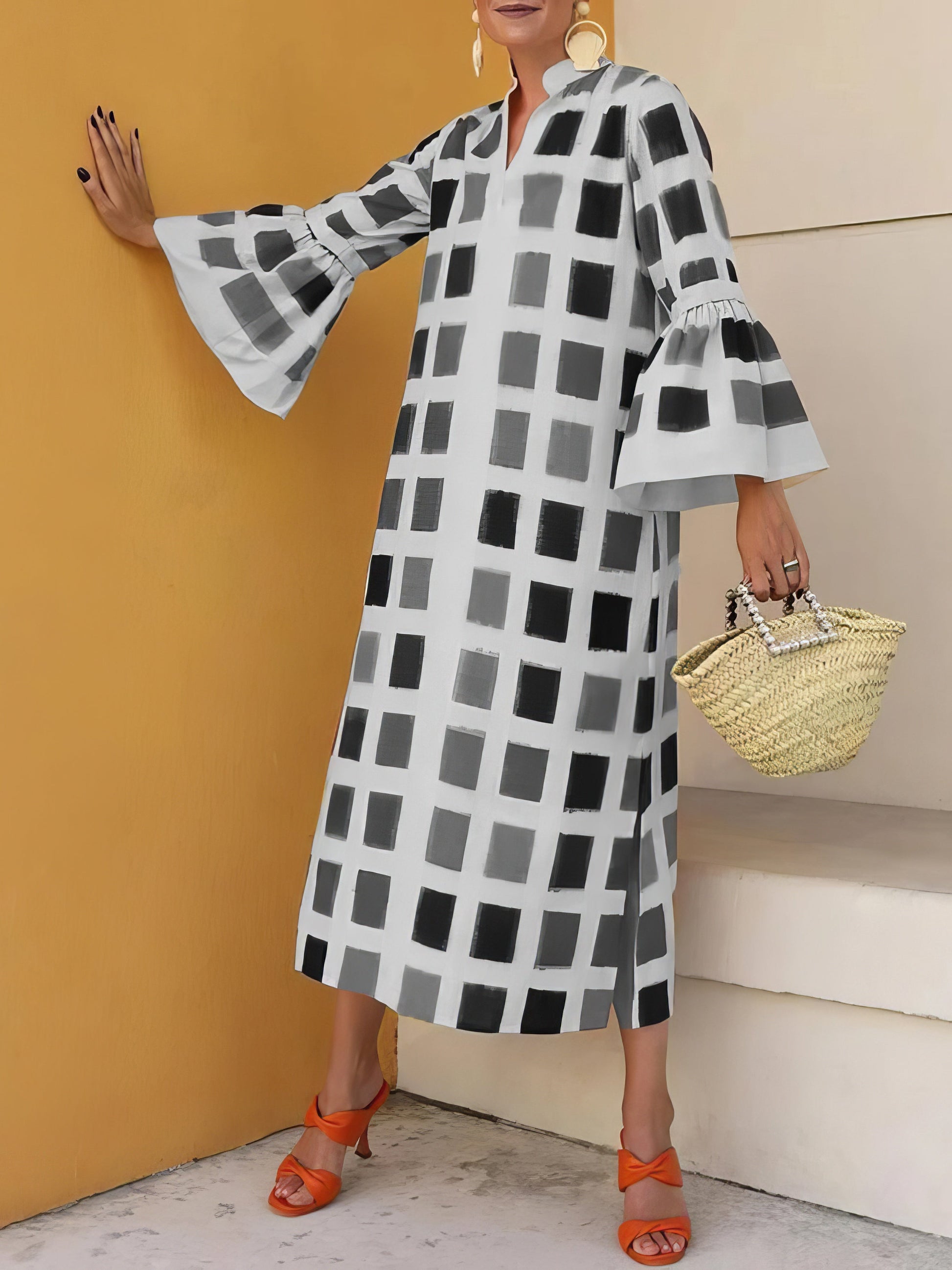 Dresses Multicolor Plaid Flared Long Sleeve Dress - LuckyFash™