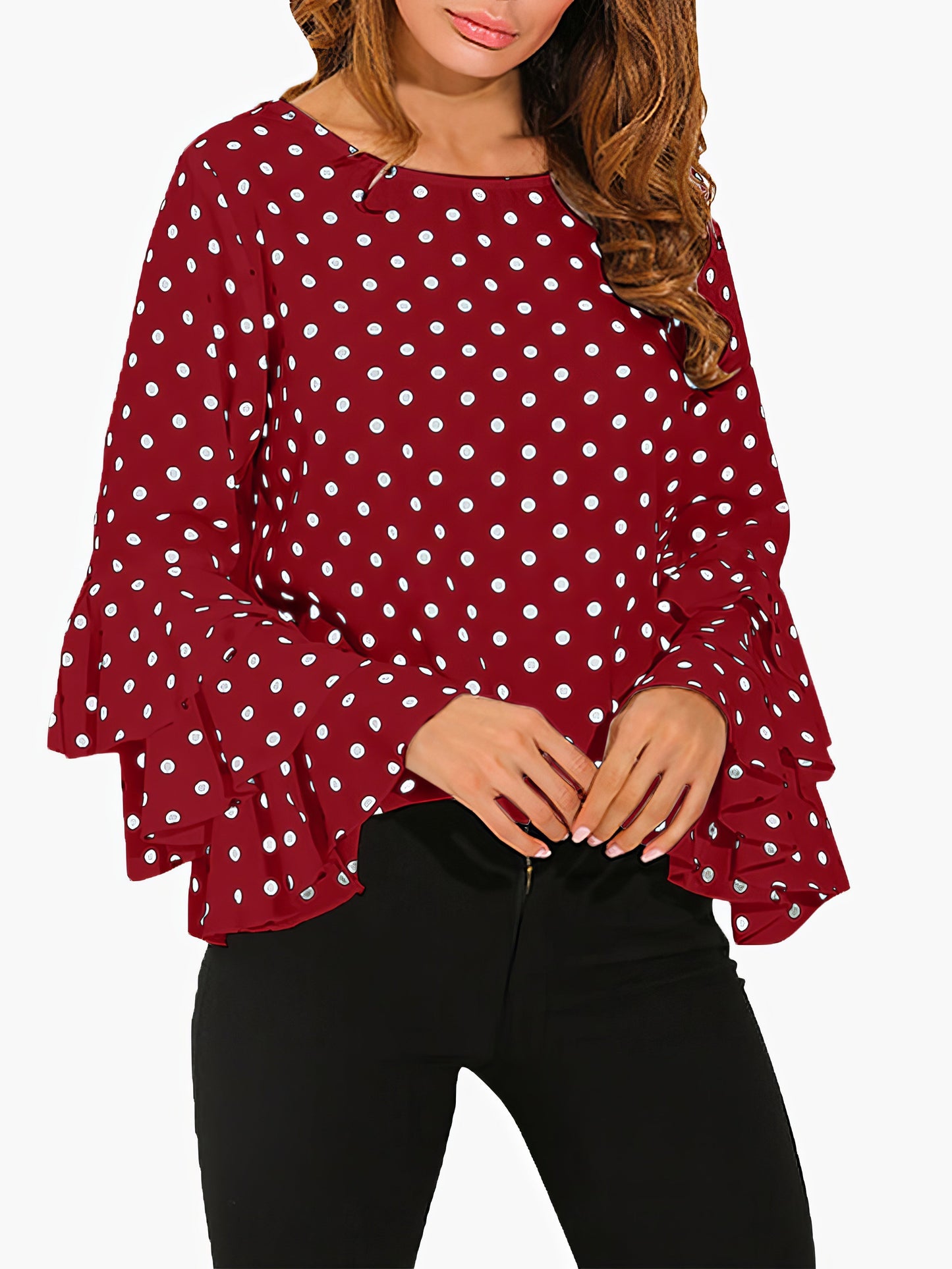 Blouses Dot Print Flared Sleeve Chiffon Blouse - LuckyFash™