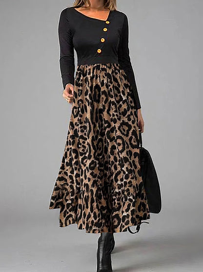 Dresses Leopard Print Panel Button Long Sleeve Dress - LuckyFash™