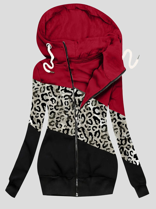 Coats Three-Color Leopard Print Zip Drawstring Hooded Coat - LuckyFash™