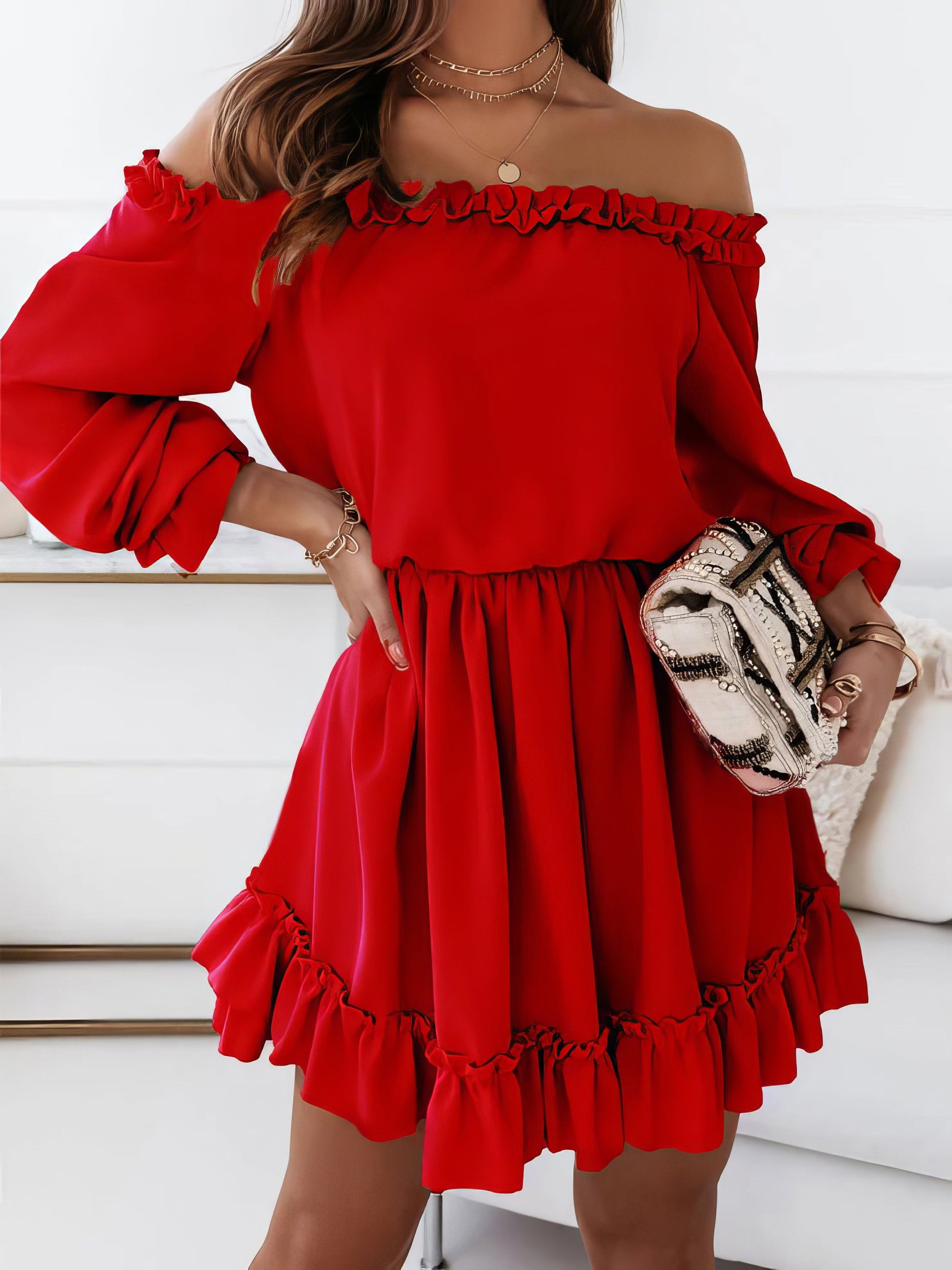 Dresses One-Shoulder Elastic Waist Long Sleeve Dress - LuckyFash™